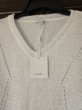 Sioni White Sequin V-Neck Knit Sweater